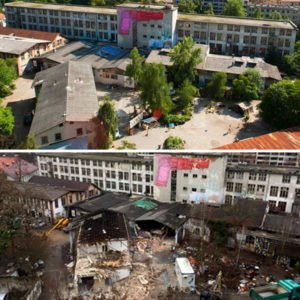 Before and after photo of the Autonomous Factory ROG, before its demolition and after.